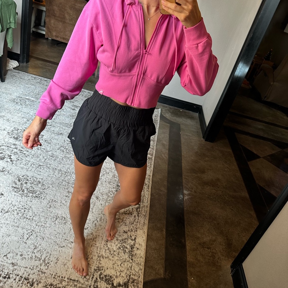 JoyLab Black Women's Athletic Shorts and Pink Zip up Hoodied Cropped Jacket